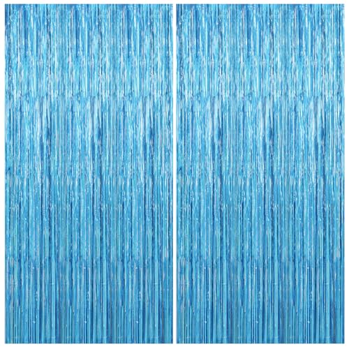 2 Pack Party Decorations Blue Streamers Fringe Backdrop Ocean Themed Decorations Foil Curtain Backdrop Blue Birthday Baby Shower Bachelorette Christmas Party Decor Supplies - color: Sky Blue, size: 2 Pcs