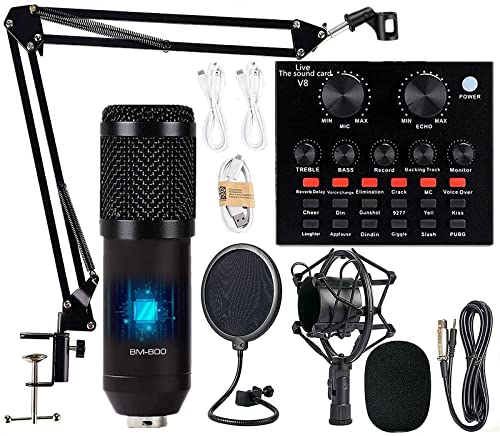 Podcast Equipment Bundle, BM-800 Mic Kit with Live Sound Card, Adjustable Mic Suspension Scissor Arm, Metal Shock Mount and Double-Layer Pop Filter for Studio Recording & Broadcasting (CF200-Black) - size: CF200-Black
