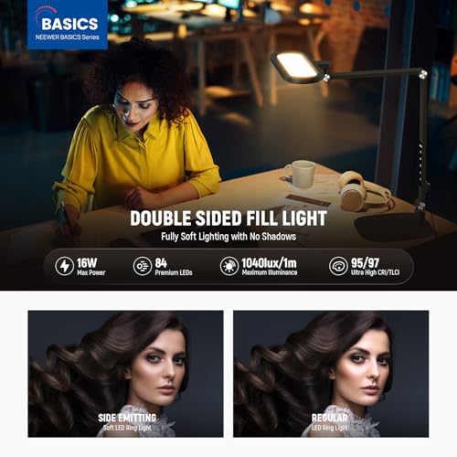 NEEWER Basics 16W Desktop LED Lamp for Home Office Video Conference Reading Lighting, Eye Caring Foldable Double Sided Dimmable Touch Ring Light with Desk Stand Memory Timer 5 Color Modes CRI95, FR16