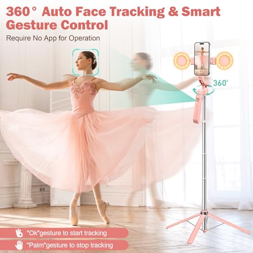 70.9" Auto Face Tracking Selfie Stick Tripod for iPhone with Light, 360° Rotation & Gesture Control, Cell Phone Tripod with Remote for TikTok/Vlog/Live Stream, Compatible with iPhone/Android - color: Pink with 4 Accessories