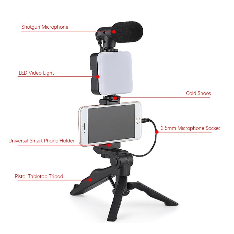 HuaerHui Vlogging Starter Kit with Mini LED Video Light + Shotgun Microphone + Universal Cellphone Holder Clip + Pistol Grip Tripod Compatible with Smart Phones/Cameras