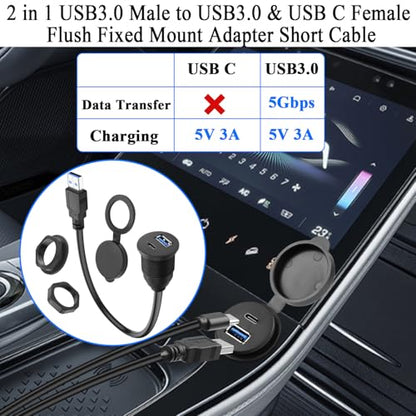 QIANRENON 2-in-1 USB3.0 to USB3.0 & USB C Threaded Fixed Adapter Short Cable 5GBps Type A Male to A + C Female Embedded Mount 1 to 2 Connector, 5V3A Charging, Mounted Car/RV Dashboard, 30cm/11.8in