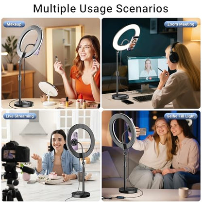 Desk Ring Light with Magnetic Phone Holder, 10'' Video Conference Podcast Lighting Kit for Laptop Computer Monitor Zoom Call Streaming, 3 Color LED Halo Light with Adjustable Stand for Home Office