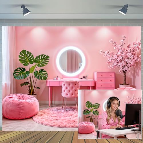 10X8ft Pink Vanity Backdrop Virtual Home Photography Background for Video Recording Live Video Zoom Calls Photo Studio Props Wall Decor Banner - size: 10X8FT