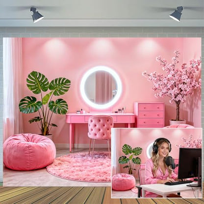 12X10ft Pink Vanity Backdrop Virtual Home Photography Background for Video Recording Live Video Zoom Calls Photo Studio Props Wall Decor Banner - size: 12X10FT
