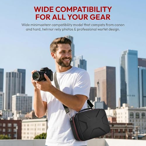 Comecase Hard Camera Case for Canon R50/R100/T7, for Sony A6400/ZV-E10 | Small Camera Bag with Hard EVA Shell, Adjustable Dividers, 6 Battery/SD Organizer Slots and Shoulder Strap, case only, Black - color: Black+Red Zipper
