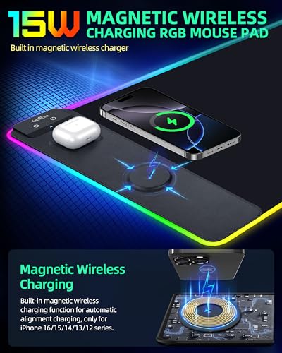 Wireless Charging Mouse Pad, RGB Gaming Mousepad, 31.5"x15.7" Extra Large Desk Pad, 13 Light Modes, Ultra-Smooth Surface, Non-Slip Base, Waterproof Computer Keyboard Mat for MacBook, PC, Laptop, Black - color: Black