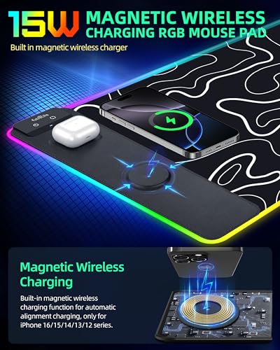 Wireless Charging Mouse Pad, RGB Gaming Mousepad, 31.5"x15.7" Extra Large Desk Pad, 13 Light Modes, Non-Slip Base, Waterproof Computer Keyboard Mat for MacBook, PC, Laptop, Black Topographic Line - color: Black Topographic