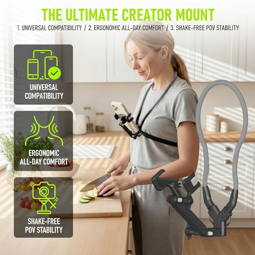 Neck Phone Holder, Hands-Free Chest Mount for Recording & POV Vlog, Phone Neck Mount with Adjustable Clip & Strap for iPhone Android, Cooking Fitness Fishing Content Creator