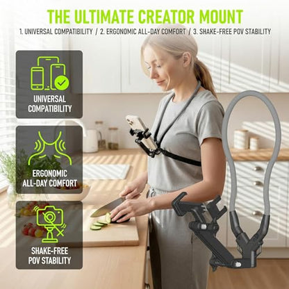 Neck Phone Holder, Hands-Free Chest Mount for Recording & POV Vlog, Phone Neck Mount with Adjustable Clip & Strap for iPhone Android, Cooking Fitness Fishing Content Creator