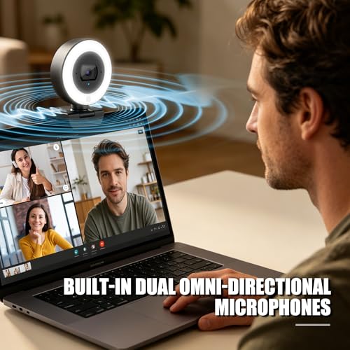 4K Webcam with Ring Light, PDAF Autofocus Streaming Camera for PC | 1080P 60FPS, Built-in Privacy Cover, Dual Omnidirectional Mics, USB Plug-and-Play for Zoom,Laptop,Conference,Meeting,Desktop
