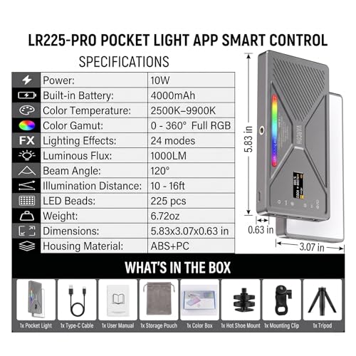 225 LED Portable Selfie Light, Video Conference Light, 4000mAh Rechargeable, App Control, Tripod, Metal Hot Shoe, Clip, CRI 97+, 24 Light Modes for Phone, Camera, Live Streaming, Makeup, Photography
