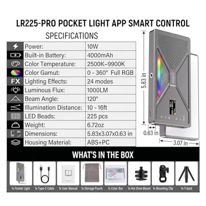 225 LED Portable Selfie Light, Video Conference Light, 4000mAh Rechargeable, App Control, Tripod, Metal Hot Shoe, Clip, CRI 97+, 24 Light Modes for Phone, Camera, Live Streaming, Makeup, Photography
