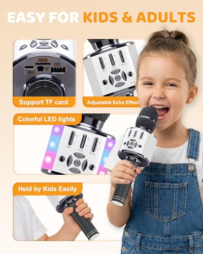 Amazmic Kids Karaoke Microphone Machine Toy Bluetooth Microphone Portable Wireless Karaoke Machine Handheld with LED Lights, Gift for Children Adults Birthday Party, Home KTV(Gray) - color: Gray