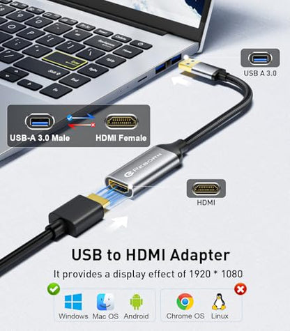 Reborn USB to HDMI Adapter, 1080P@60Hz for Macos Windows 7/8/10/11 | USB 3.0 Male to HDMI Female Audio & Video Converter Suitable for Laptop Desktop Monitor - Driver installation is required