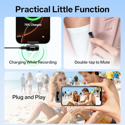 Mini Wireless Lavalier Microphone for iPhone ipad Android, Noise Reduction and Mute, 33h Charging Case, Plug & Play, 131FT Range, Mini Lapel Mic for Video Recording, Vlogging, YouTube