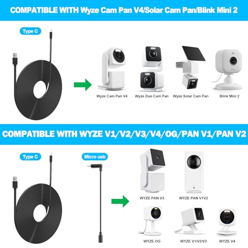 2 Pack 25FT Power Extension Cable Compatible with Wyze Cam v4/v3/OG,Wyze Cam Pan v3/v4,Blink,eufy,NestCam Indoor,Amazon Cloud Camera,USB A to USB C (Black) - color: Black, size: 25FT