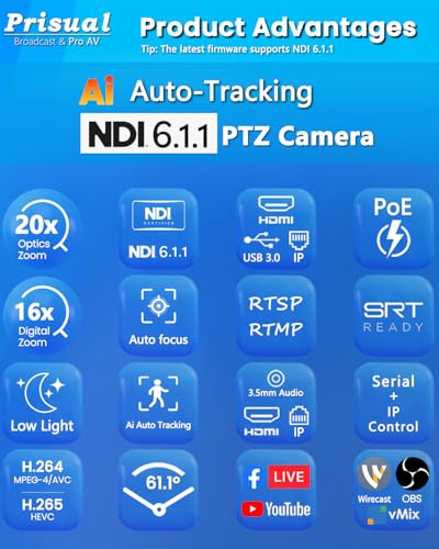 Prisual NDI 6.1.1 PTZ Camera, Ai Auto-Tracking, 20x Optical Zoom LAN USB3.0 PoE HDMI PTZ Camera for Church Services Worship Education Live Events(Official NDI Certified) PT20X-UL-N - color: Metallic Gray