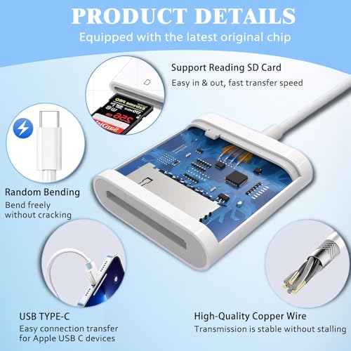 iPhone SD Card Reader USB C, Digital Camera Adapter iPhone 17, Trail Camera SD Card Reader USB C Memory Card Reader for iPhone 17/16/15/iPad/MacBook/iMac/Galaxy/Android