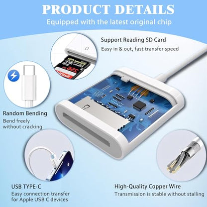 iPhone SD Card Reader USB C, Digital Camera Adapter iPhone 17, Trail Camera SD Card Reader USB C Memory Card Reader for iPhone 17/16/15/iPad/MacBook/iMac/Galaxy/Android