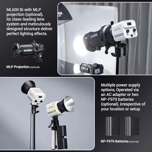 Godox ML60IIBi 70W Bi-Color COB LED Video Light,2800K-6500K CRI 96+/TLCI 97+,Built-in 11 Lighting Effects,App Control Photography Lighting - color: ML60IIbi