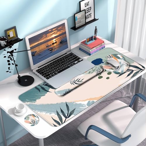 Desk Mat Set + Keyboard and Mouse Pad with Wrist Rest Support,4-in-1 Large Mousepad Computer Mats for Desktop Home & Office-Leaves 2 - color: O-Leaves 2