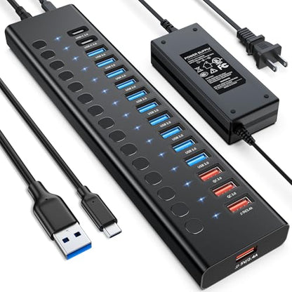 Powered USB Hub, AGEEN 16-Port USB 3.0 Hub (10 USB-A 3.0+2 QC 24W Fast Charging+2 Smart Charging+2 USB-C 3.0 Ports), 12V/8A 96W UL Certified Power Adapter for PC, Laptop, HDD, Flash Drive