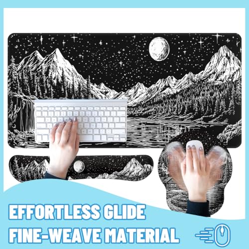 Moon Night Desk Mat Set Dark Mountain Landscape Large Mouse Pad with Wrist Rest 4in1 Desk Mat for Desktop Ergonomic Keyboard Wrist Support Anti-Slip Computer Ergonomic Mouse Pad Home Office Gaming - color: Moon Night