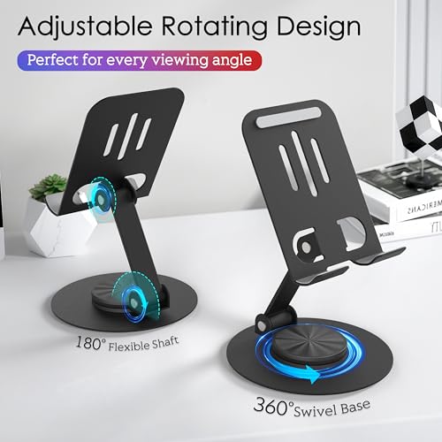 Metal Cell Phone Stand for Desk, Multi-Angel Adjustable 360° Rotation Desktop Phone Holder and Foldable Mobile Phone Stand, Compatible with iPhone 17 16 Pro Max and All Smartphones, Black - color: Black