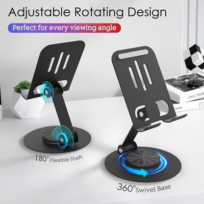 Metal Cell Phone Stand for Desk, Multi-Angel Adjustable 360° Rotation Desktop Phone Holder and Foldable Mobile Phone Stand, Compatible with iPhone 17 16 Pro Max and All Smartphones, Black - color: Black