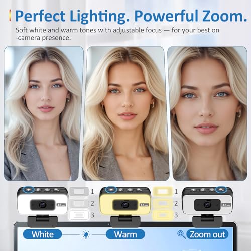 4K Webcam for PC, AutoFocus Webcam with Light for Desktop Computer | Web Camera with Microphone, FOV 80° USB Plug and Play Laptop Web Cam for Live Streaming, Online Teaching, Meetings - color: Black+White