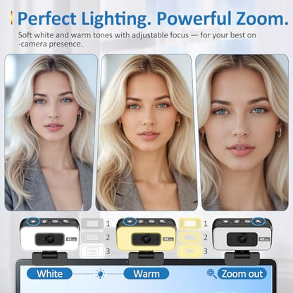 4K Webcam for PC, AutoFocus Webcam with Light for Desktop Computer | Web Camera with Microphone, FOV 80° USB Plug and Play Laptop Web Cam for Live Streaming, Online Teaching, Meetings - color: Black+White