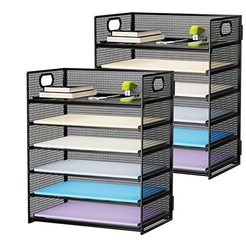 Marbrasse 2 Pack Desk Organizer with Handle, 6 Tier Paper Letter Tray, Mesh Desk File Organizer for Office, School and Home - color: 2 Pack 6 Tier - Black