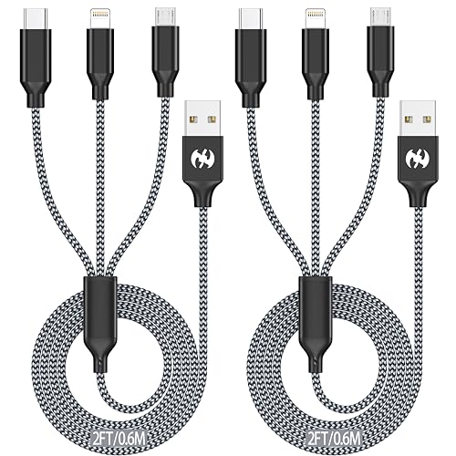 Multi Charging Cable 2ft 2Pack 3 in 1 Charger Cord, Short Multiple Rapid Nylon Braided Cable USB Charging Cable Multi Phone Charger Cord with Type C Micro Lightning USB Connectors for Cell Phones - color: Black/Grey-2ft