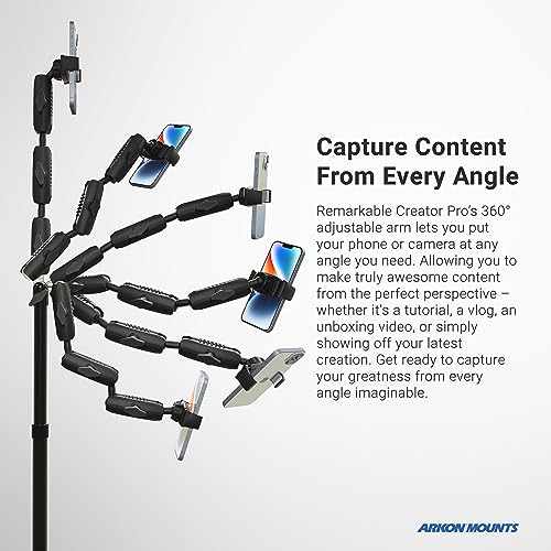 ARKON Mounts Phone Holder Full Kit - Adjustable Overhead Arm Cell Phone Table Top Stand and Tablet Mount with Ring Light - Professional Holders for Horizontal or Vertical Filming - color: Black