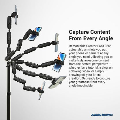 ARKON Mounts Phone Holder Full Kit - Adjustable Overhead Arm Cell Phone Table Top Stand and Tablet Mount with Ring Light - Professional Holders for Horizontal or Vertical Filming - color: Black