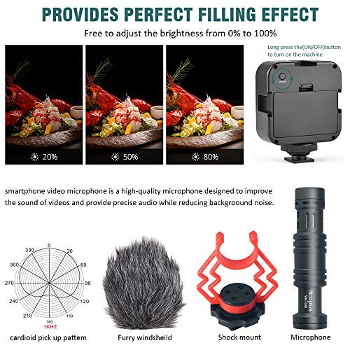 Video Vlogging Kit Smartphone Video Microphone Kit with Tripod/Phone Clip/LED Light/mic/3.5mm/Type-c/iPhone Lightning Cable/Remote Control, for iPhone X Samsung Huawei/Sony a7 Camera