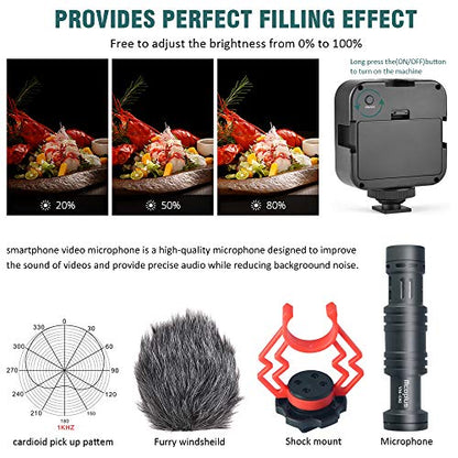 Video Vlogging Kit Smartphone Video Microphone Kit with Tripod/Phone Clip/LED Light/mic/3.5mm/Type-c/iPhone Lightning Cable/Remote Control, for iPhone X Samsung Huawei/Sony a7 Camera