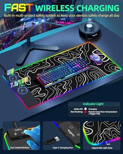 Wireless Charging Mouse Pad, RGB Gaming Mousepad, 31.5"x15.7" Extra Large Desk Pad, 13 Light Modes, Non-Slip Base, Waterproof Computer Keyboard Mat for MacBook, PC, Laptop, Black Topographic Line - color: Black Topographic