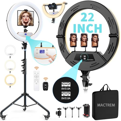 MACTREM 22" Foldable Ring Light with Stand for iPhone ipad, 75" Tripod with Wheels 50W 6500K LED Display/2 USB Ports Large Ringlight Rolling, Tattoo Barber Makeup Studio Video Photography Lighting - color: Black, size: 22Inch