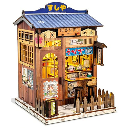 DIY Miniature House Kit, Book Nook Kit Mini Japanese House Bookshelf Decor, Tiny Dollhouse Building Kit for Adults & Teens, Gifts for Family, Friends - style: Sushi Shop
