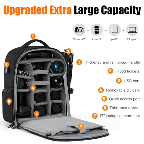 CADeN Camera Backpack, Extra Large DSLR Camera Bag with 17" Laptop Compartment, Waterproof Rain Cover, Professional Travel Hiking Camera Backpack Bag - color: Black, style: 2.0 Extra Large