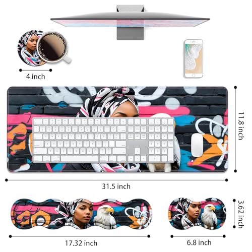 4 in 1 Ergonomic Keyboard Wrist Rest & Mouse Pad Wrist Rest Set, Large XXL Gaming Desk Mat 31.5"x 11.8" with Non-Slip Base, Memory Foam for Home Office Study Gaming, American Black Girl Bald Eagle - color: American Black Girl Bald Eagle