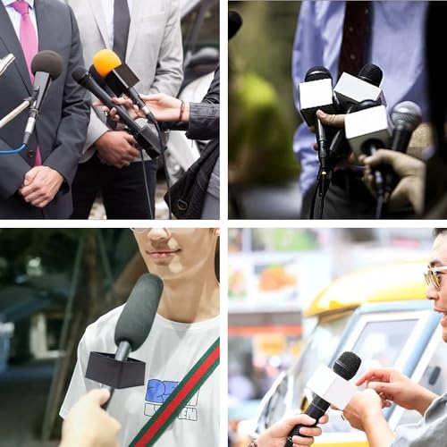 4 Pcs Microphone Flag Station Portable Square Cube ABS Foam Mic Flag Logo Studio Equipment Microphone Accessorie for Reporter Host Interview Black White