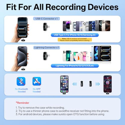 Mini Wireless Lavalier Microphone for iPhone ipad Android, Noise Reduction and Mute, 33h Charging Case, Plug & Play, 131FT Range, Mini Lapel Mic for Video Recording, Vlogging, YouTube