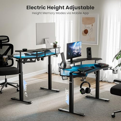 EUREKA ERGONOMIC Aero 55 Inch W Shaped Electric Standing Desk, Height Adjustable Computer Gaming Desk with LED Monitor Shelf, Mouse Pad, Headphone Hook, Cup Holder, Carbon Black - color: Black, size: 55"W x 35"H-Adjustable