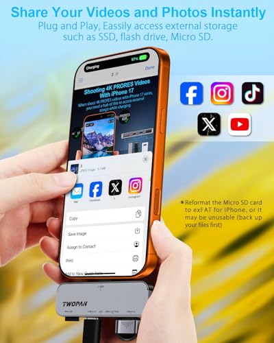 TWOPAN USB C iPhone Hub for ProRes Video Recording - Ultra-Slim Aluminum USB 3.2, Dual USB-C, Micro SD, and Charging Port Hub for iPhone 17/16/15 Pro/Pro Max