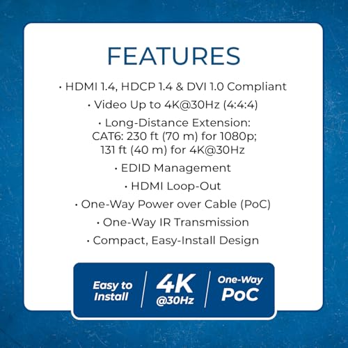 OREI HDMI Extender Over Cat6 165ft - 4K@30Hz with IR, Loop Out, EDID, PoC | HDMI Extenders, Ethernet to HDMI – AV signal distribution CAT5e/CAT6/CAT7 with DTS-HD, Dolby TrueHD, Deep Color plug-and-play - size: 1 PACK