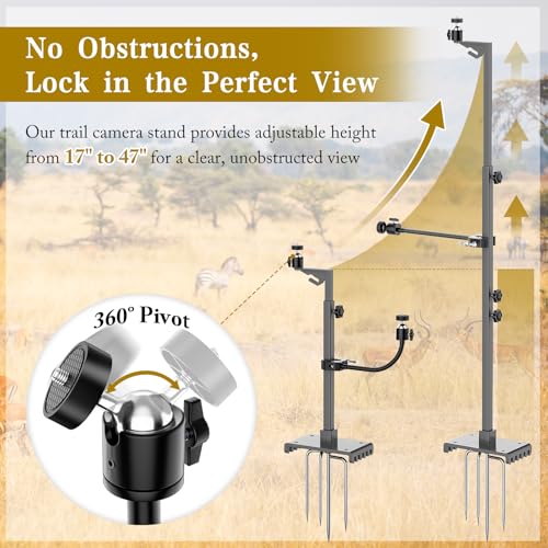 SDSNTE Trail Camera Stand Dual Mount, 17-47" Adjustable Height Hunting Accessories Holder, 360 Rotate 1/4" Thread Mount for Game Cam & Solar Panel, Robust Iron Tripod for Outdoor Hunting, No Tree