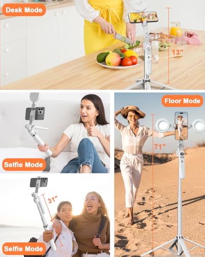 Yeaki 71” Auto Face Tracking Tripod for iPhone with Light,360° Rotating Phone Stand with Rechargeable Remote Control for TikTok Vlog, Phone Tripod for Android Camera/GoPro/Ring Light (White) - color: White